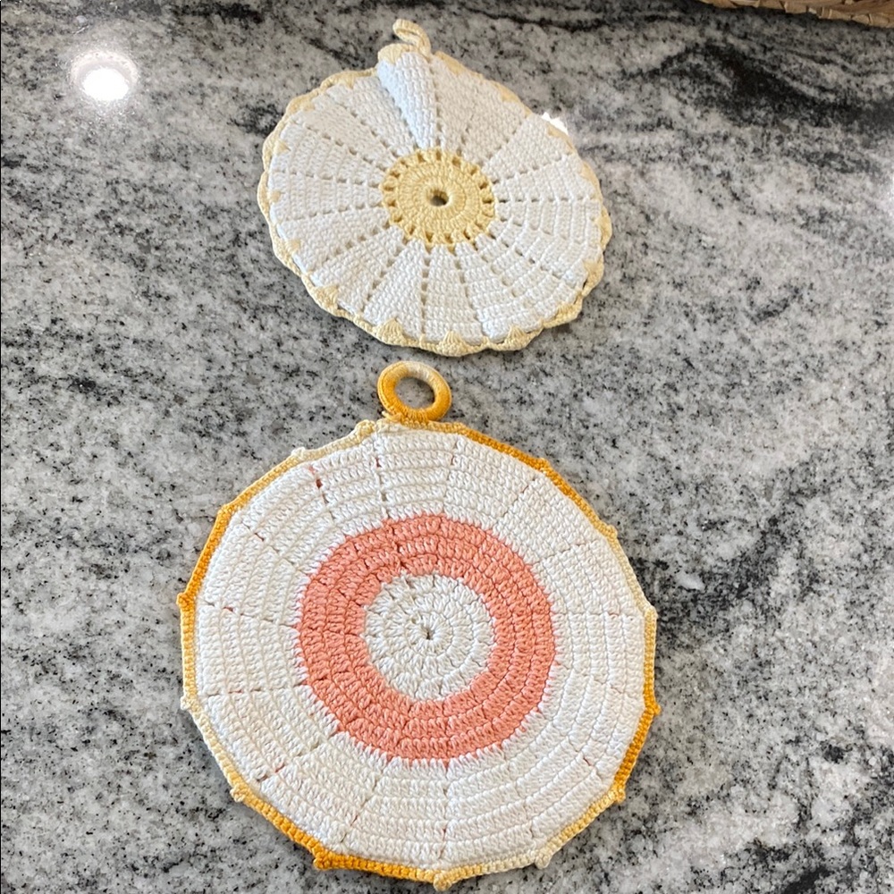 2 Vintage Handmade Crochet Round Pot Holders Hot Pads in White, Coral & Yellow!